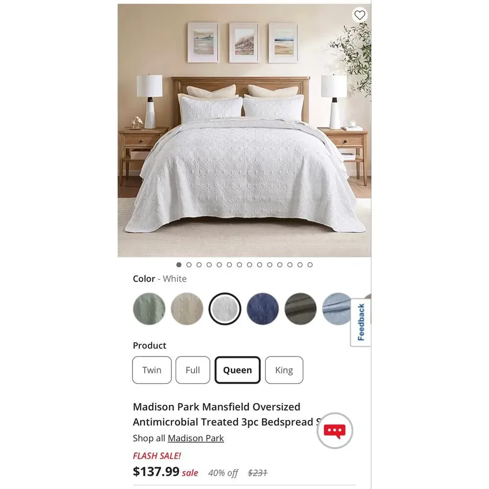 NEW! Madison Park Mansfield Queen Size White 3pc Bedspread Set
